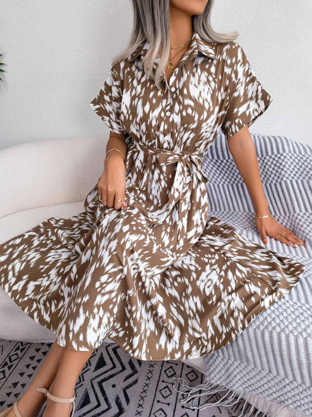 Ficusrong Women Summer Casual Loose Leopard Lace Up Shirt Dress For Ladies Fashion All Match Chic Dresses