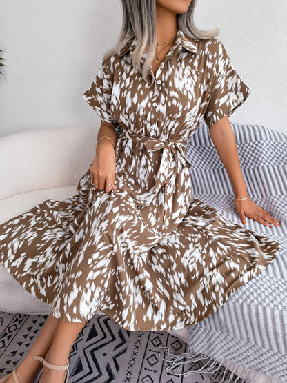 Ficusrong Women Summer Casual Loose Leopard Lace Up Shirt Dress For Ladies Fashion All Match Chic Dresses