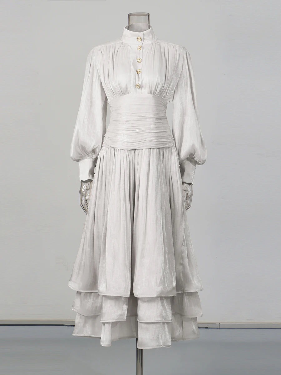 TWOTWINSTYLE Solid Spliced Ruffles Folds Elegant Dresses for Women Stand Neck Long Sleevs Tunic Temperament Dress Female Fashion