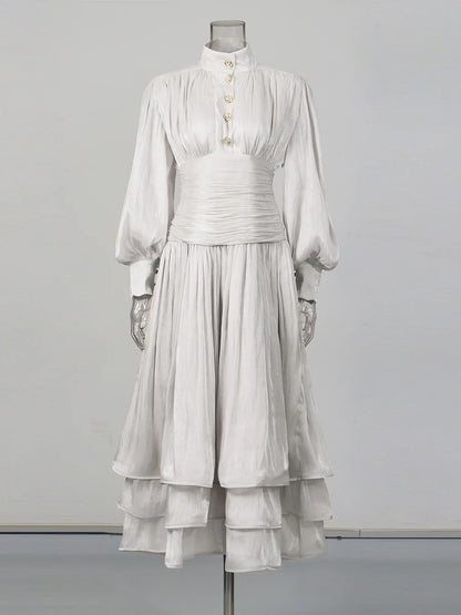 TWOTWINSTYLE Solid Spliced Ruffles Folds Elegant Dresses for Women Stand Neck Long Sleevs Tunic Temperament Dress Female Fashion