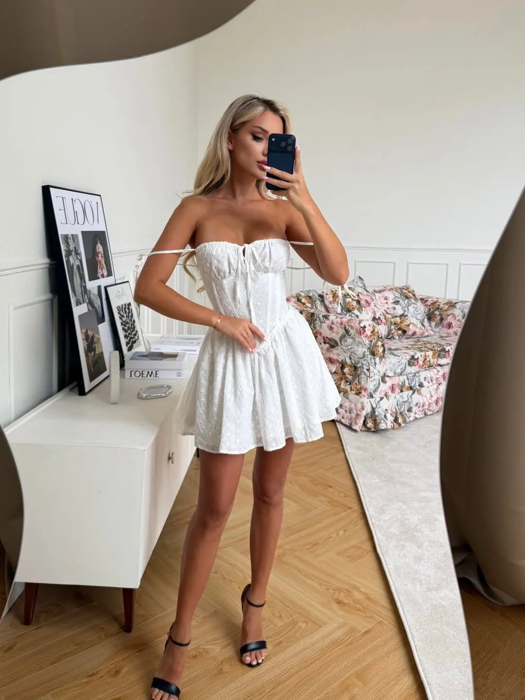 YENKYE Sexy Elegant Women Hollow Out Embroidery Yellow Sling Mini Dress Low Waist Lace Up Bandage Party Dresses Birthday Robe