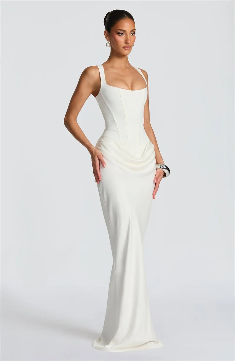 Mozision Elegant Backless Sexy Maxi Dress Women Gown Fashion Square Collar Sleeveless Skinny Ruched Club Party Long Dresses