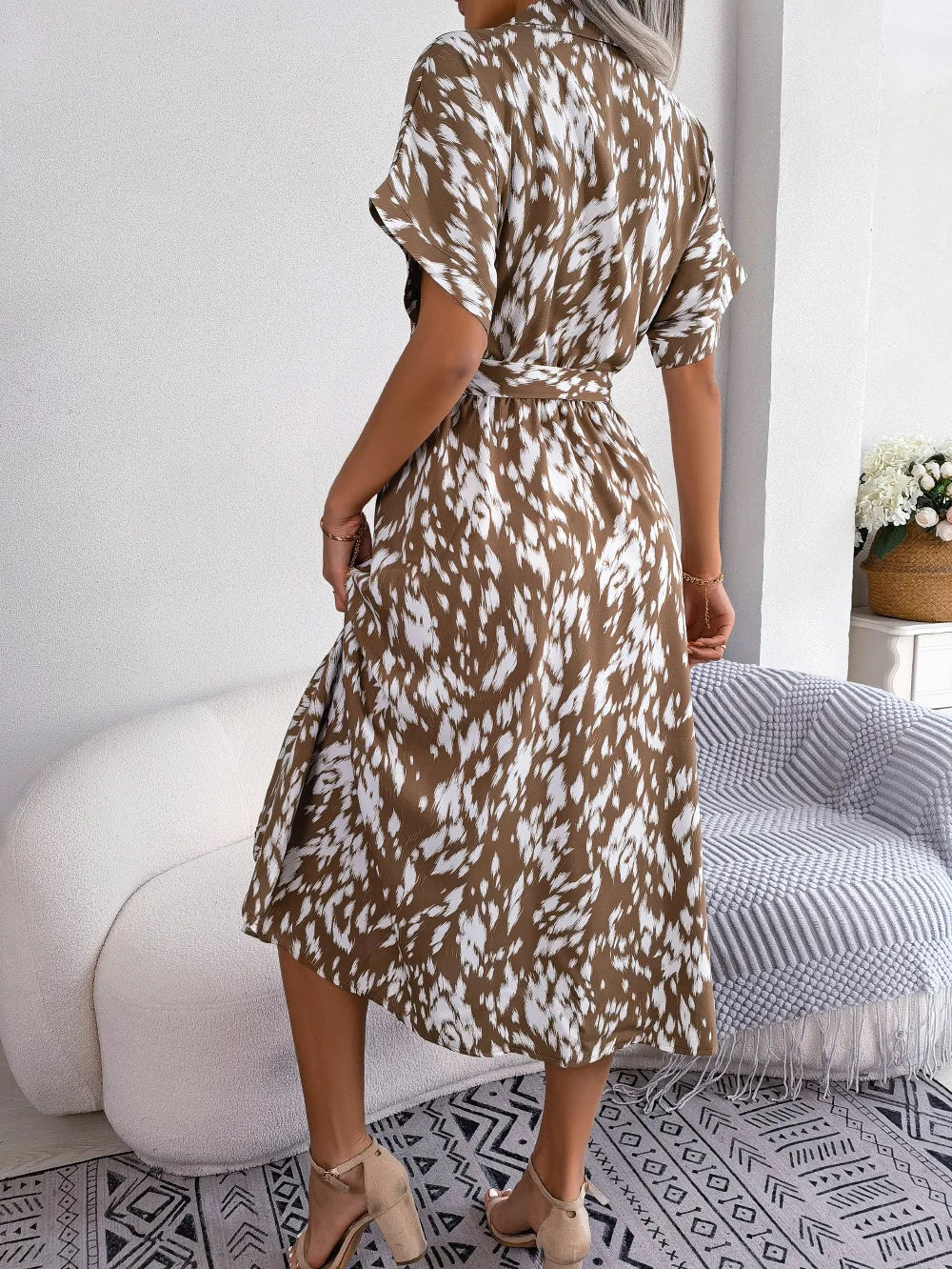 Ficusrong Women Summer Casual Loose Leopard Lace Up Shirt Dress For Ladies Fashion All Match Chic Dresses