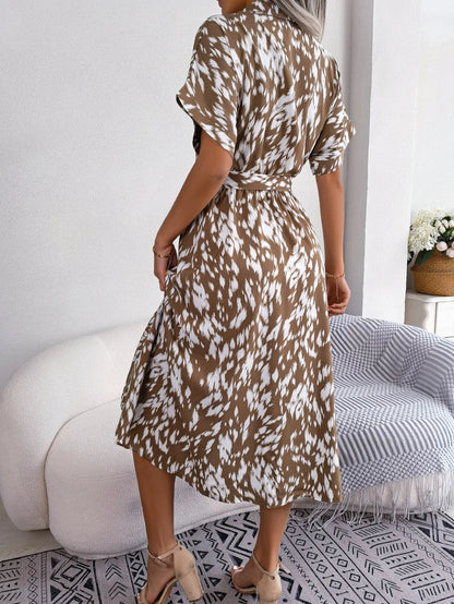 Ficusrong Women Summer Casual Loose Leopard Lace Up Shirt Dress For Ladies Fashion All Match Chic Dresses