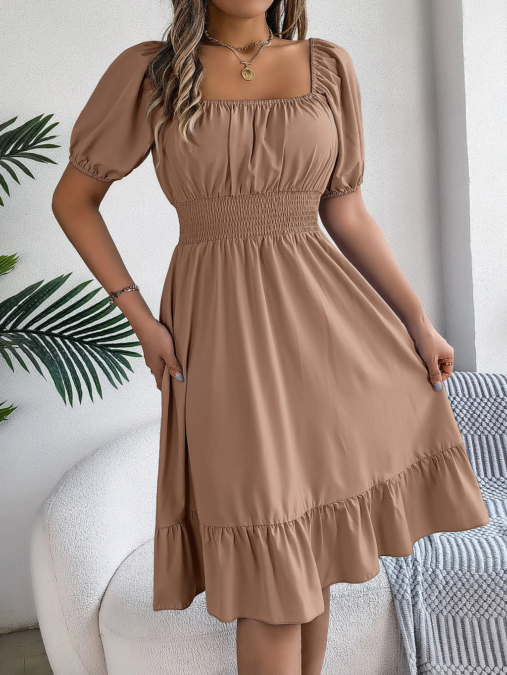 Spring Summer Elegant High Waisted Dress Square Neck Short Sleeved Ruffled Edge Long Dresses 2026 Valentine's Day Woman Clothing