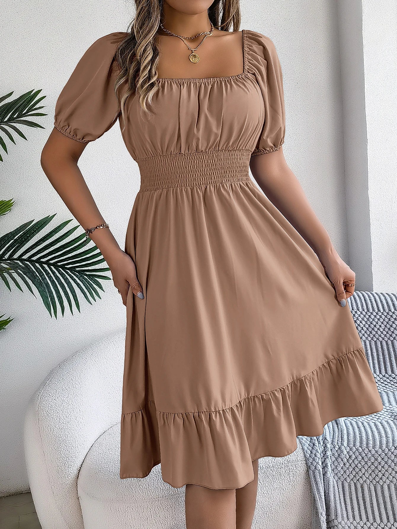 Spring Summer Elegant High Waisted Dress Square Neck Short Sleeved Ruffled Edge Long Dresses 2026 Valentine's Day Woman Clothing