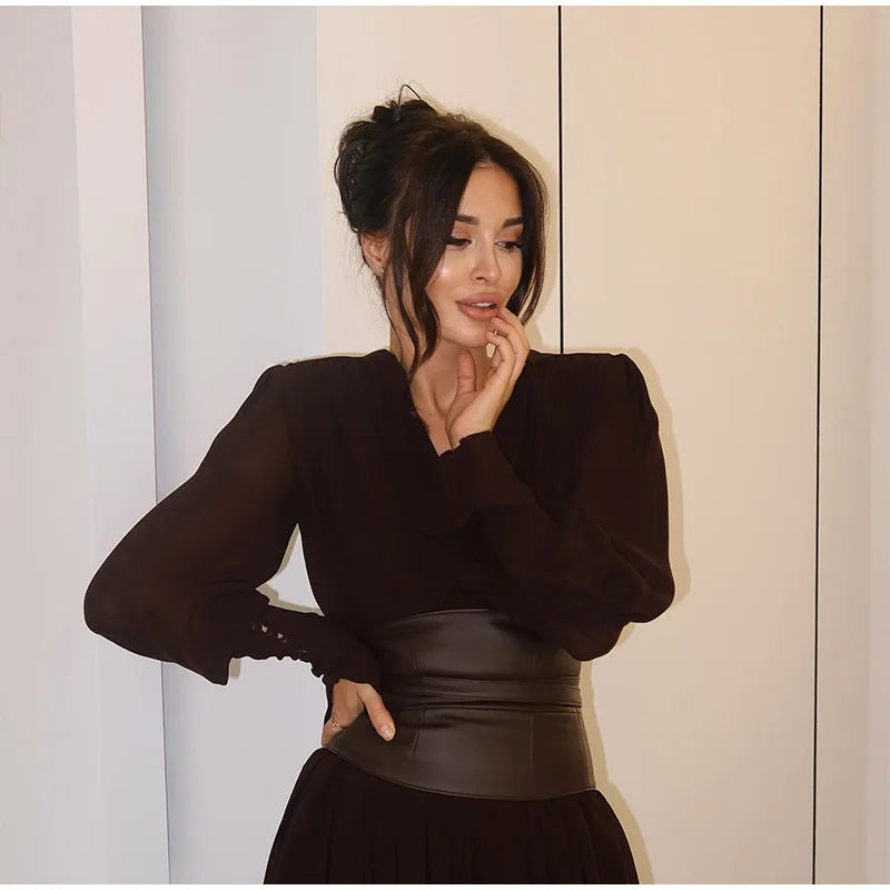 Vintage Nipped Waisted Long Sleeved A-line Dress Elegant V Neck Split Long Dresses 2024 Women Loose Vintage Party Long Dresses
