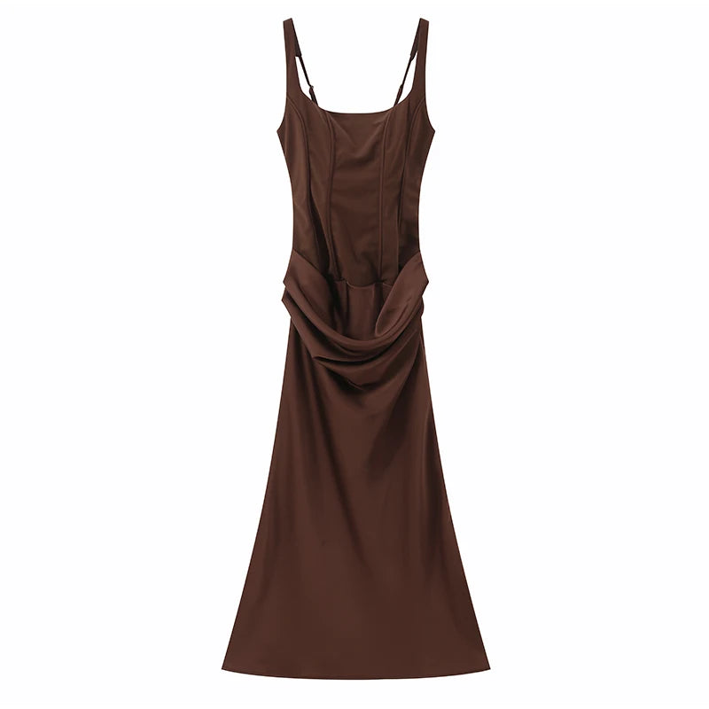 Solid Pleated Sling Dress Square Neck Sleeveless Off-shoulder Waist Cinching Slim Women Dresses Fashion Evening Party Gowns 2025
