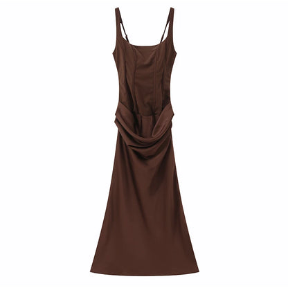 Solid Pleated Sling Dress Square Neck Sleeveless Off-shoulder Waist Cinching Slim Women Dresses Fashion Evening Party Gowns 2025