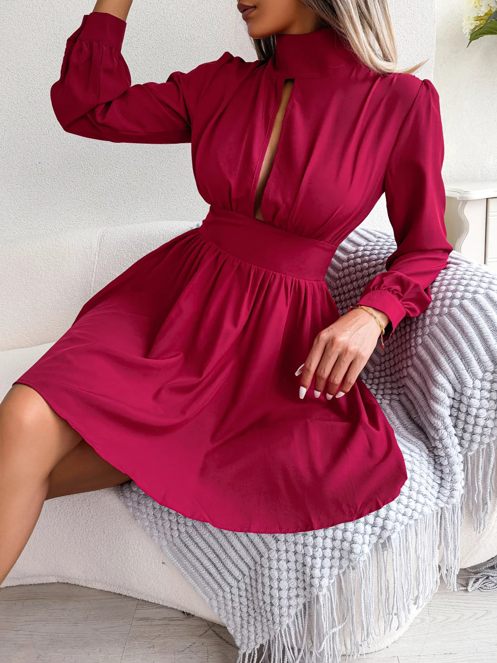Women Autumn Casual Solid Hollow Out Long Sleeve A Line Dress 2026 Fashion Elegant Dresses Red Black White Sexy Woman Clothing