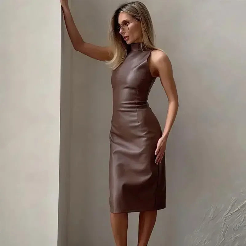 Vintage Midi Leather Dress Women Slim Turtleneck Sleeveless Hip Package Female Dresses 2025 Autumn Lady Elegant Party Vestidos