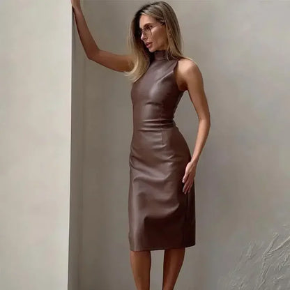 Vintage Midi Leather Dress Women Slim Turtleneck Sleeveless Hip Package Female Dresses 2025 Autumn Lady Elegant Party Vestidos