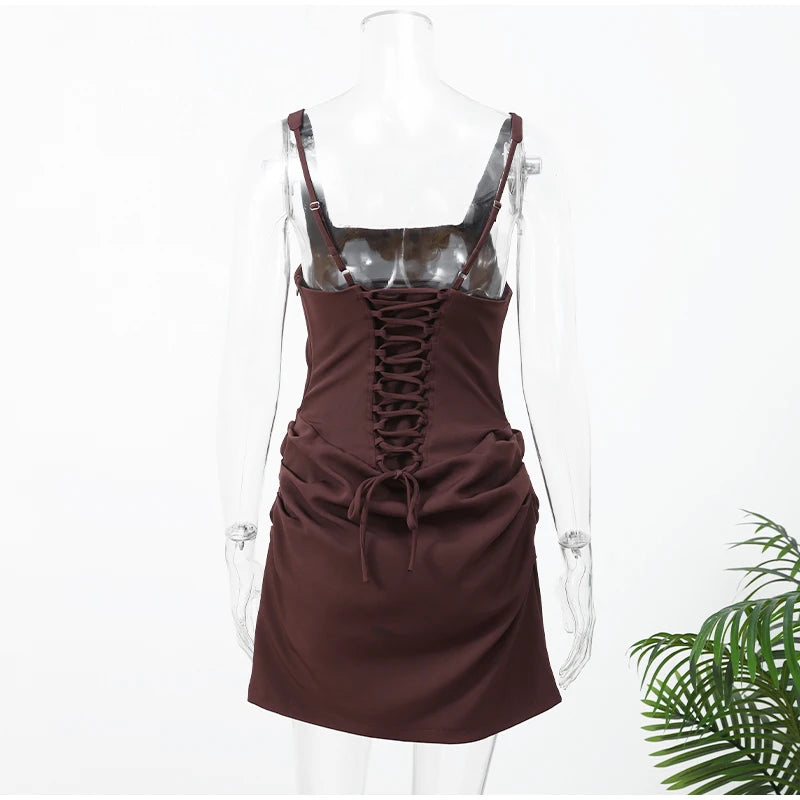 Solid Pleated Sling Dress Square Neck Sleeveless Off-shoulder Waist Cinching Slim Women Dresses Fashion Evening Party Gowns 2025