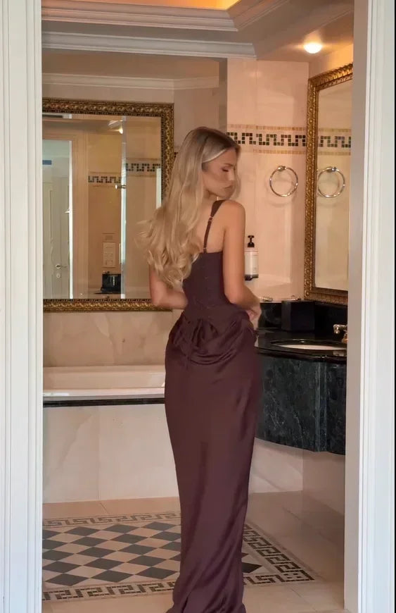 Solid Pleated Sling Dress Square Neck Sleeveless Off-shoulder Waist Cinching Slim Women Dresses Fashion Evening Party Gowns 2025