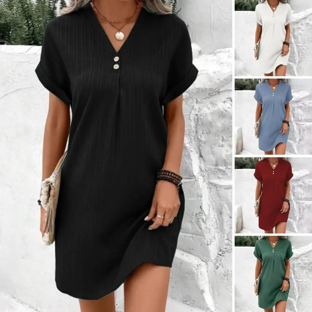 Summer Women Dress V Neck Button Short Sleeves Loose Casual Loose Fit Button Dress Summer Loose Lady Short Dress Women Dresses