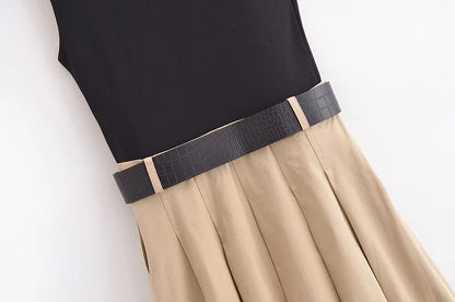 MUJER 2025 Woman Dresses Belt Pleated Midi Dress Women Sleeveless Summer Dress Woman Knitted Party Dresses for Women Sundress