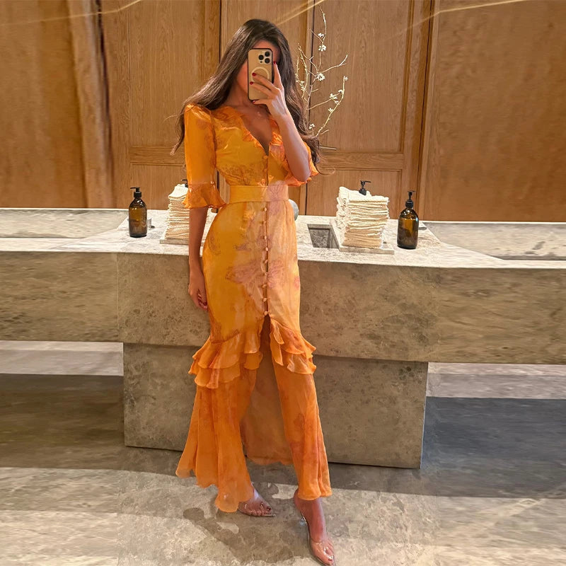 Women Chic Printed Gathered Large Swing Dress Sexy Sleeveless High Waist Slim Fit Sling Dresses 2026 New Lady Party Club Gowns