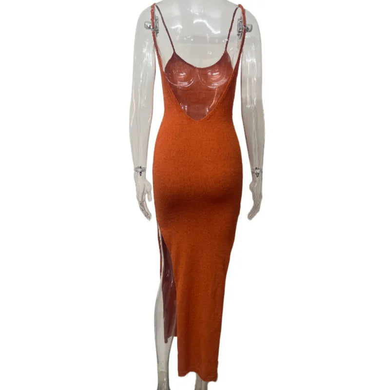 Cryptographic Elegant Knitted Slit Long Dress Outfits for Women Summer Beachwear Holiday Sleeveless Backless Dresses See Through