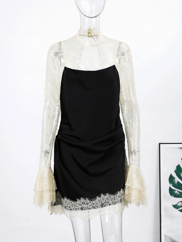 Lace Patchwork Panelled Short Dress Women Sexy Hollow Out Flare Long Sleeve Pleat Party Evening Dresses Charming Ladies Clubwear