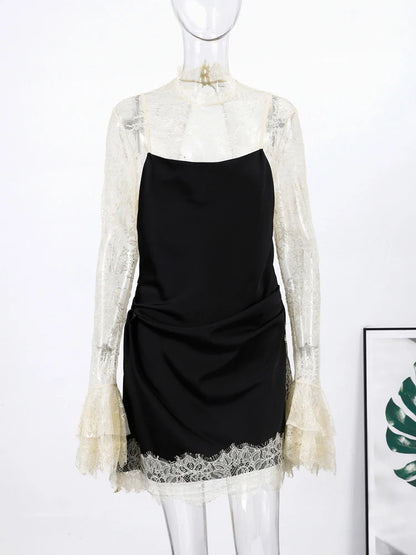 Lace Patchwork Panelled Short Dress Women Sexy Hollow Out Flare Long Sleeve Pleat Party Evening Dresses Charming Ladies Clubwear