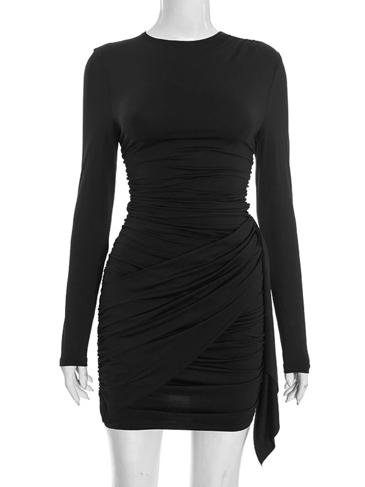 Crew Neck Solid Slim Sheath Dress Fashion Women Long Sleeve Short Wrap High Waisted Mini Dresses Lady 2026 Party Evening Gown