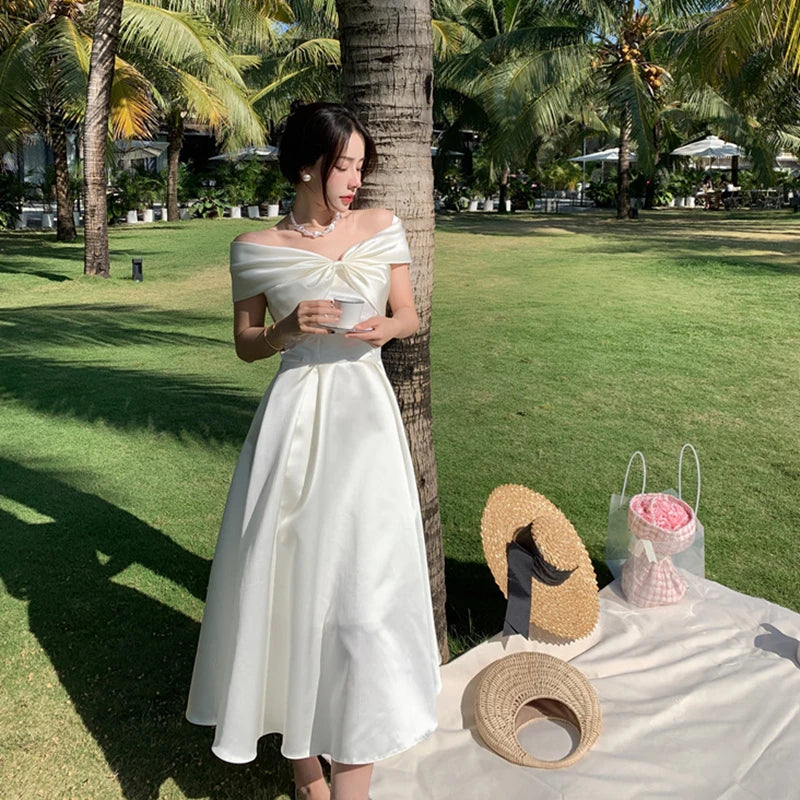 Horetong Bow Slash Neck Sexy Dress Summer Women White Fairy Elegant A-Line Midi Dresses Female Party Prom Clothes Vestdios