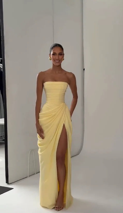 Yellow Strapless Pleated Women Split Maxi Dress Elegant Sleeveless Waist Cinching Slim Fit Dresses 2026 Lady Daily Party Gowns