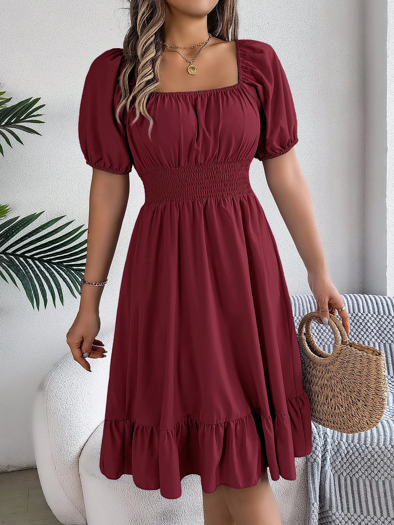 Spring Summer Elegant High Waisted Dress Square Neck Short Sleeved Ruffled Edge Long Dresses 2026 Valentine's Day Woman Clothing
