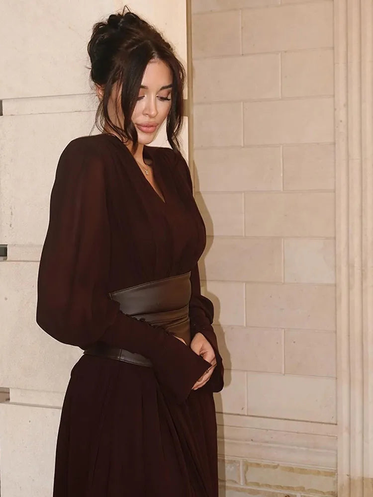 Vintage Nipped Waisted Long Sleeved A-line Dress Elegant V Neck Split Long Dresses 2024 Women Loose Vintage Party Long Dresses