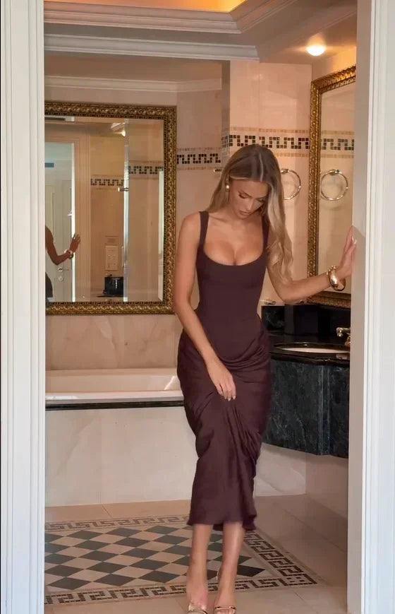 Solid Pleated Sling Dress Square Neck Sleeveless Off-shoulder Waist Cinching Slim Women Dresses Fashion Evening Party Gowns 2025