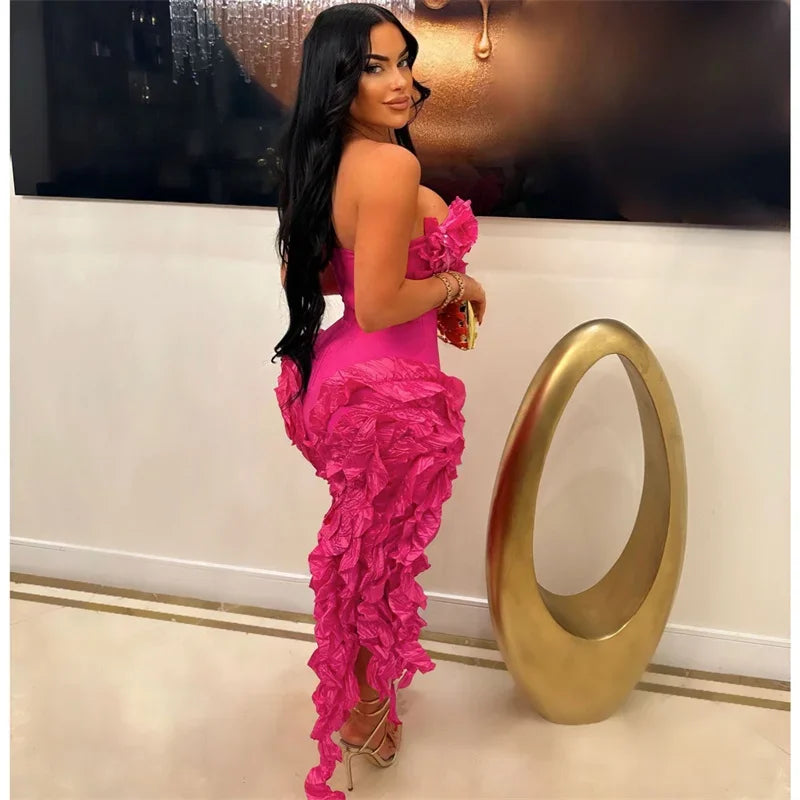 Elegant Ruffles Tassel Birthday Dress for Women 2024 Night Party Celebrity Irregular Strapless Sleeveless Evening Long Dresses