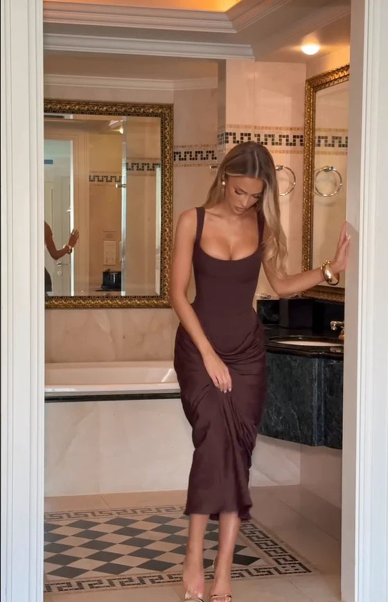 Solid Pleated Sling Dress Square Neck Sleeveless Off-shoulder Waist Cinching Slim Women Dresses Fashion Evening Party Gowns 2025