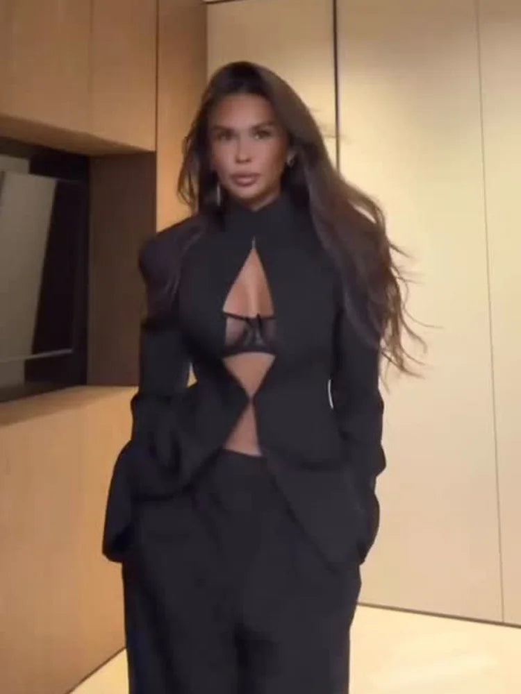 Women Black Hollow Blazer Dress Sexy Elegant Full Sleeve Shoulder Pads Cinched-waist Mini Dresses 2026 Lady Evening Dinner Wear