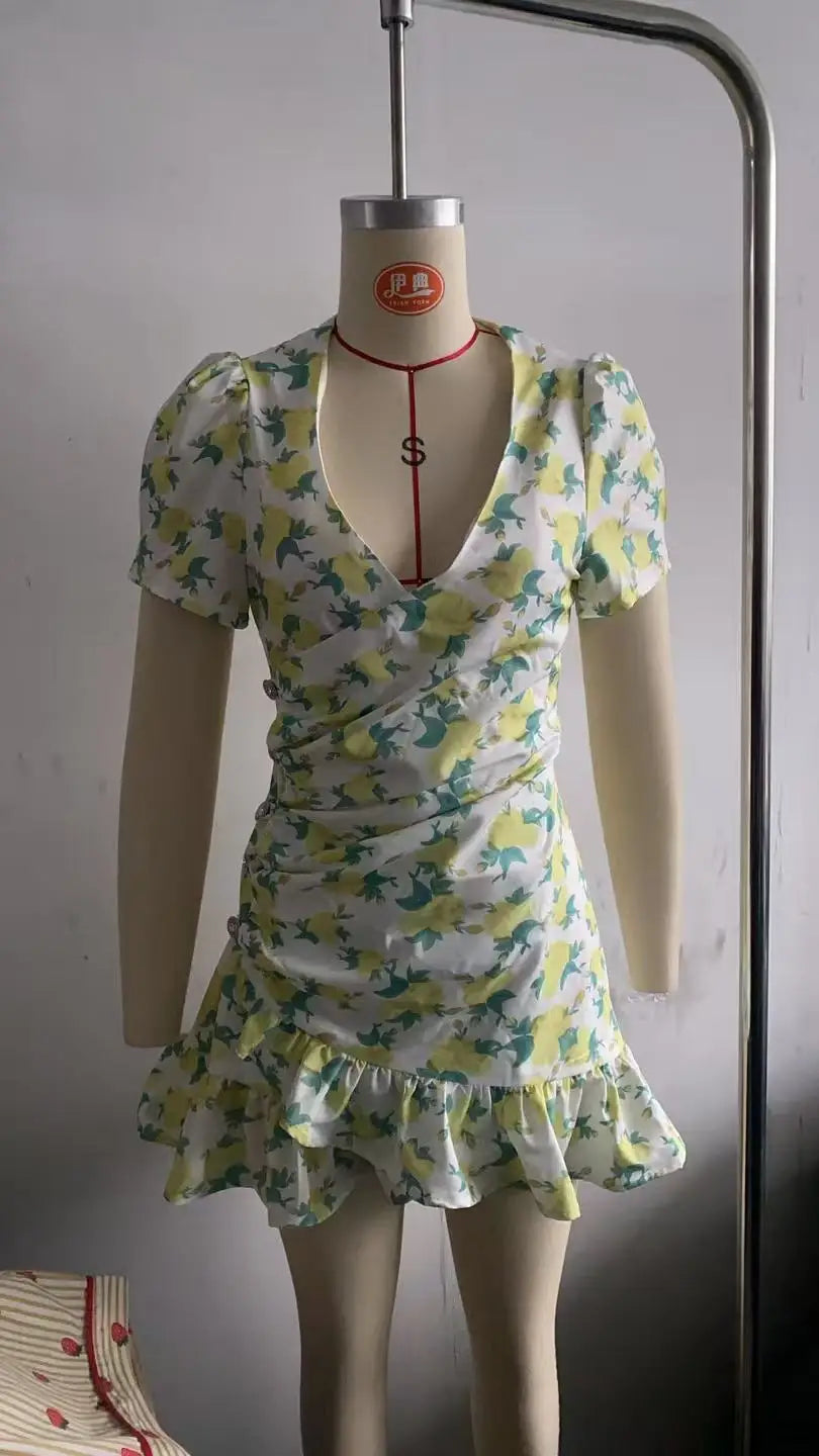 Floral Print V-neck Cinched Waist Dress Women Chic Layered Ruffle Hem Short Sleeved High-waist Dresses 2026 New Street Vestidos