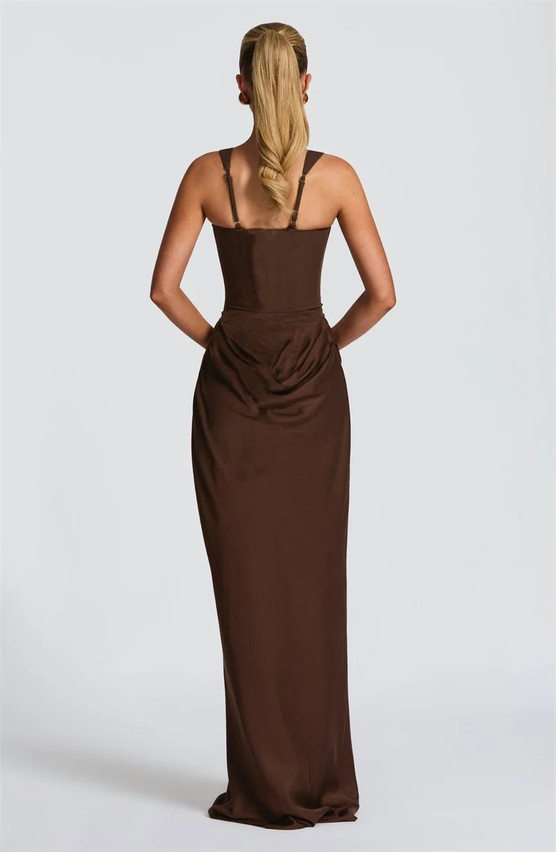Mozision Elegant Backless Sexy Maxi Dress Women Gown Fashion Square Collar Sleeveless Skinny Ruched Club Party Long Dresses