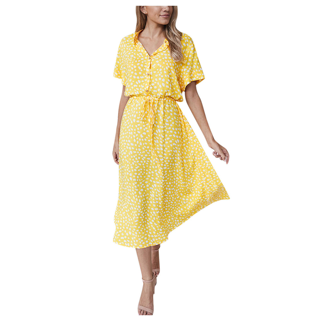 Summer Dresses Women Summer Polka Dot Printing Dresses With Buttons Short Sleeves Drawstring High Waist Dress Vestidos 2023