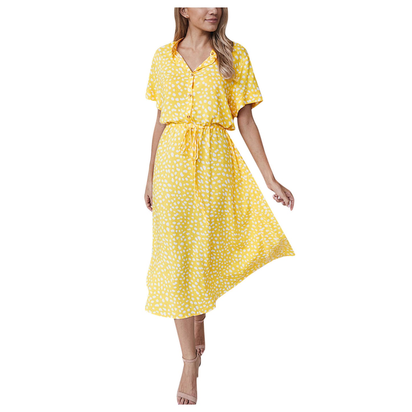 Summer Dresses Women Summer Polka Dot Printing Dresses With Buttons Short Sleeves Drawstring High Waist Dress Vestidos 2023
