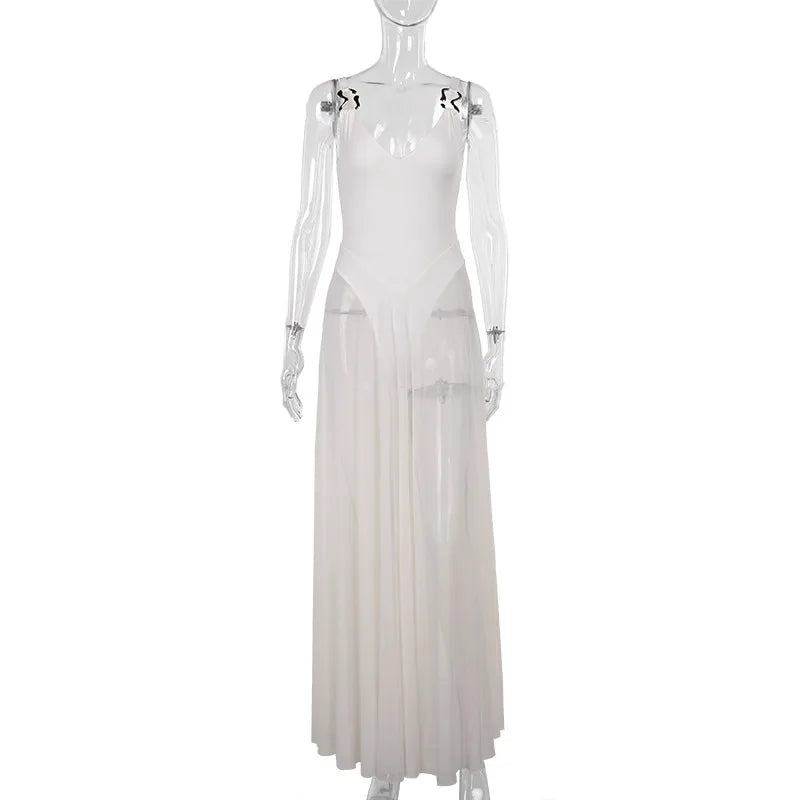 DGLUKE Transparent Mesh Maxi Dress With Bodysuit Plunging Backless Long Summer Dress Women Sexy Beach Party Dresses