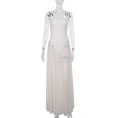 DGLUKE Transparent Mesh Maxi Dress With Bodysuit Plunging Backless Long Summer Dress Women Sexy Beach Party Dresses