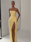Yellow Strapless Pleated Women Split Maxi Dress Elegant Sleeveless Waist Cinching Slim Fit Dresses 2026 Lady Daily Party Gowns