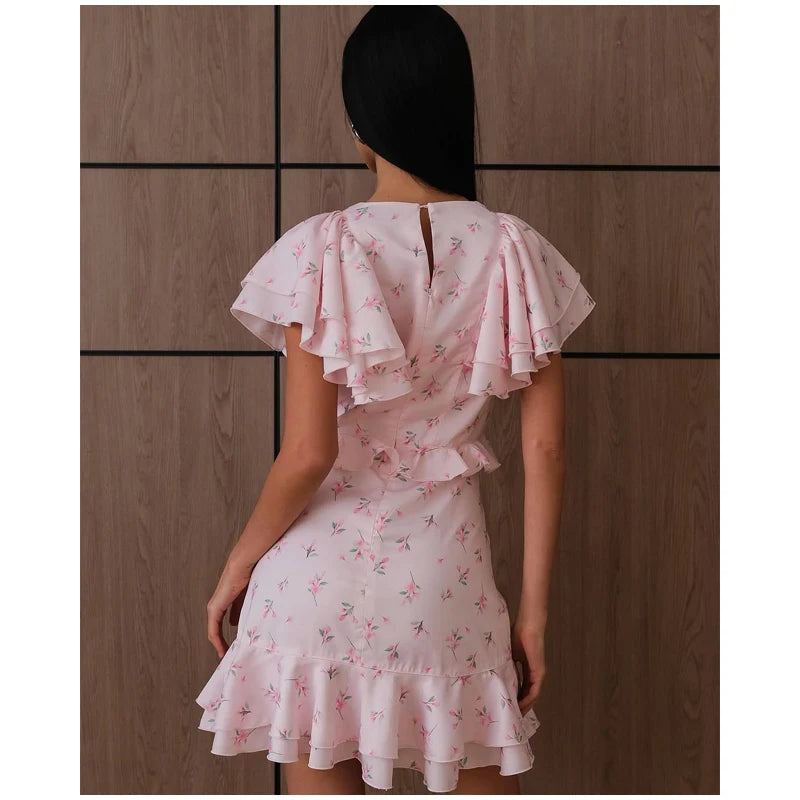 Floral Print V-neck Cinched Waist Dress Women Chic Layered Ruffle Hem Short Sleeved High-waist Dresses 2026 New Street Vestidos