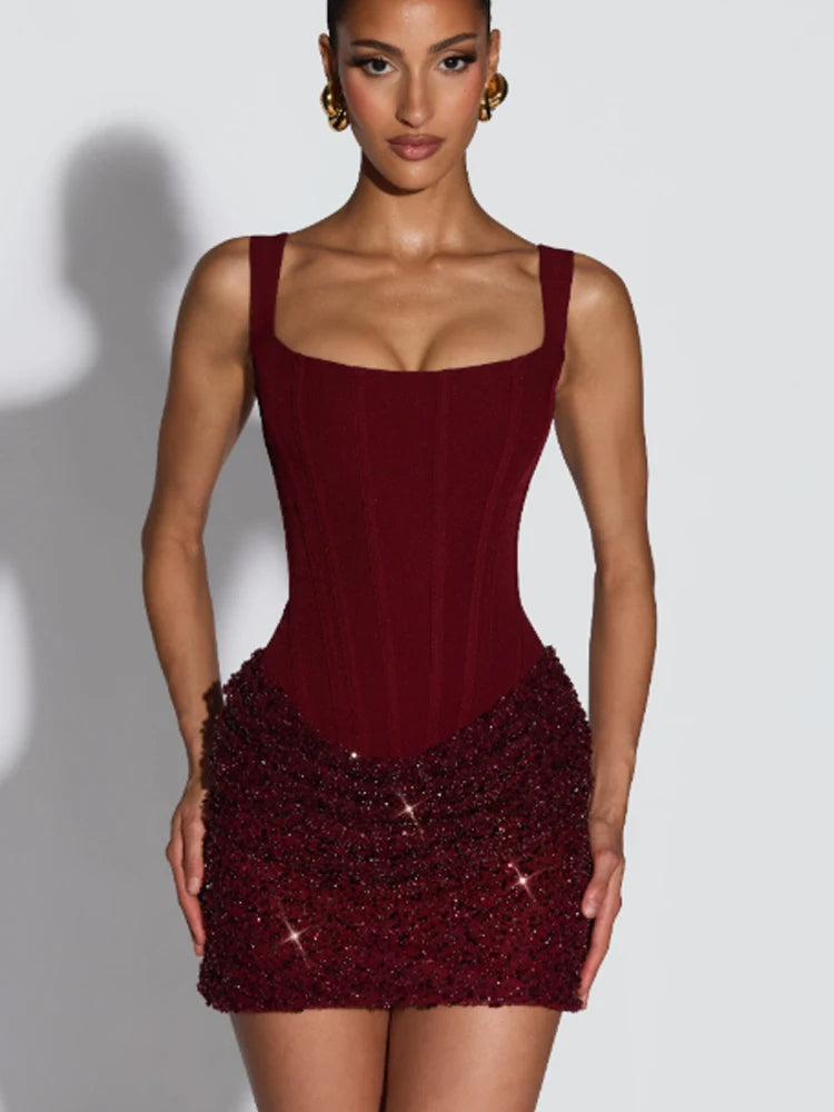 Sexy Square-neck Halter Mini Dress Women Pleated Sleeveless Backless High Waist Bodycon Dresses 2026 New Summer Lady Party Robe