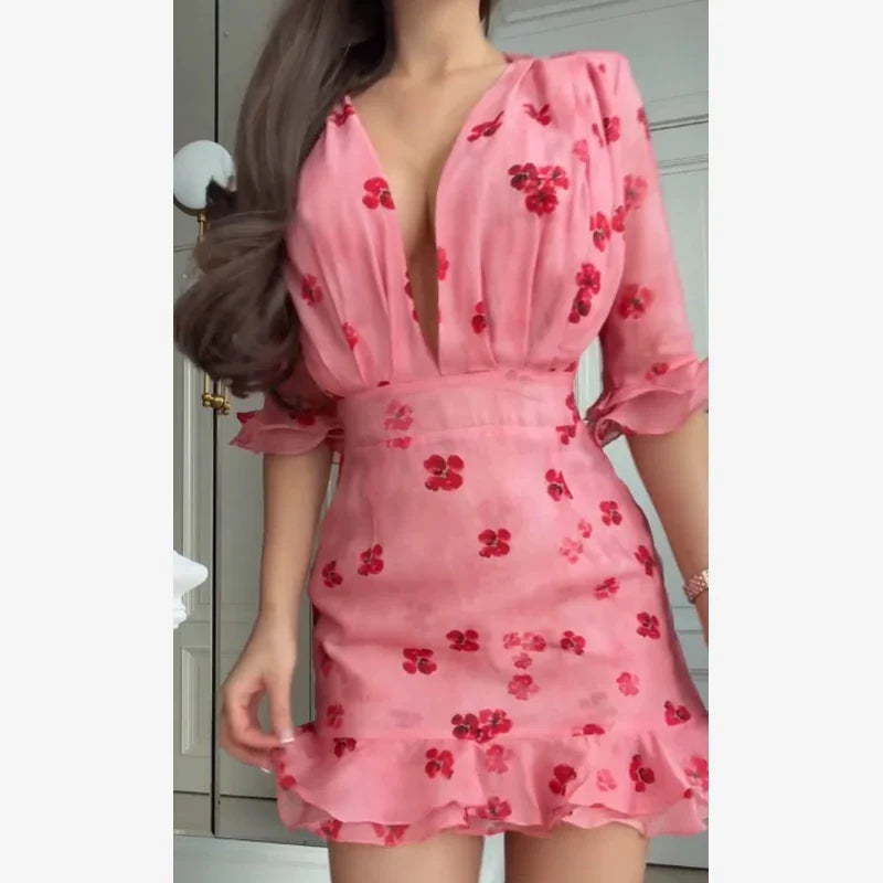Chic Ruffle Print Slim Fit Dress Women Chic Flared sleeves V-neck Pleated Short Dresses 2026 Lady Summer Casual Daily Vestidos