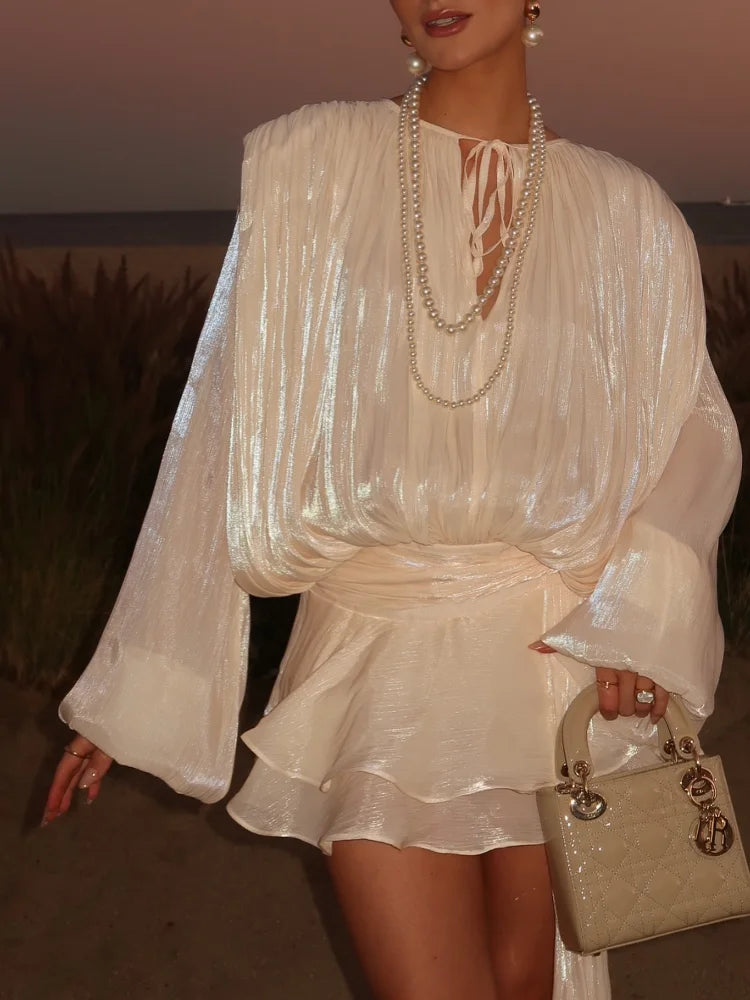 Fashion Solid Mesh Long Sleeved Backless Pleated Prom Dresses Chic Ruffle Bow Lace Up Women Mini Dresses Lady Spring Party Robe