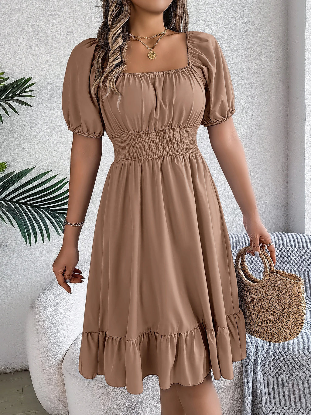 Spring Summer Elegant High Waisted Dress Square Neck Short Sleeved Ruffled Edge Long Dresses 2026 Valentine's Day Woman Clothing