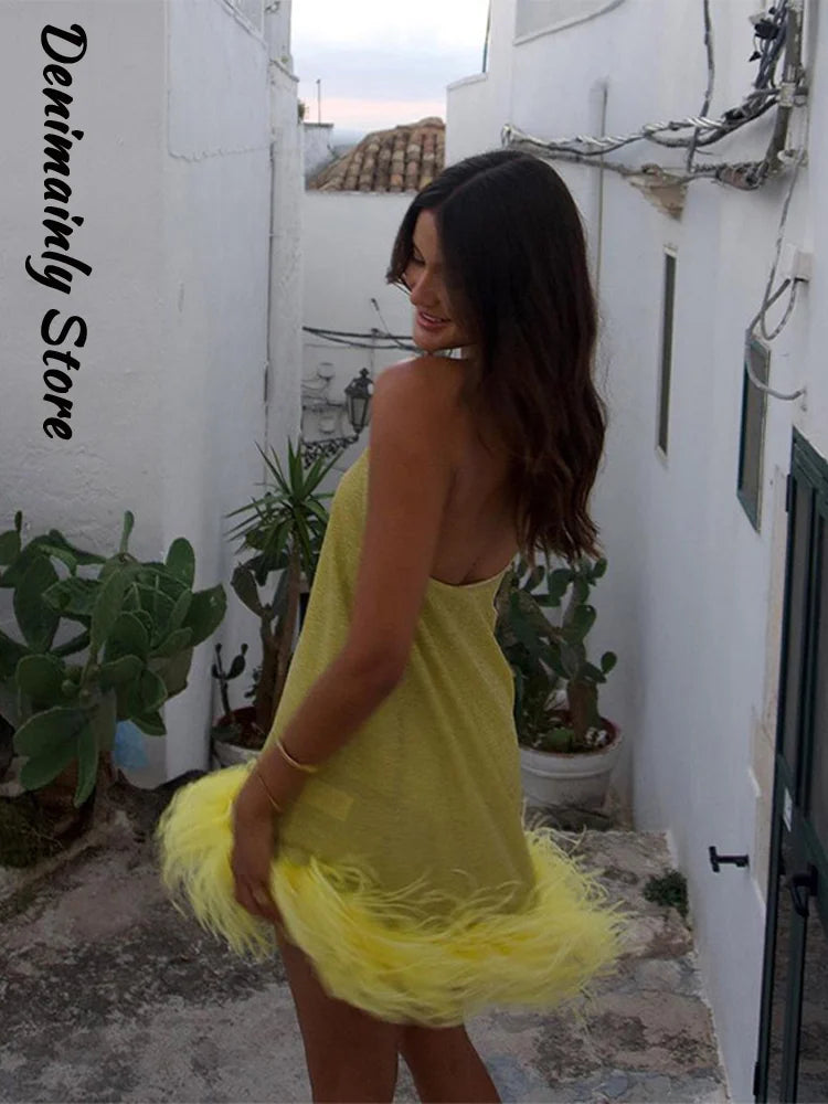 Sexy Feather Patchork Sling Short Dress Women Sleeveless Backless Slim Female Dresses 2026 Spring Summer Lady Beach Chic Robes