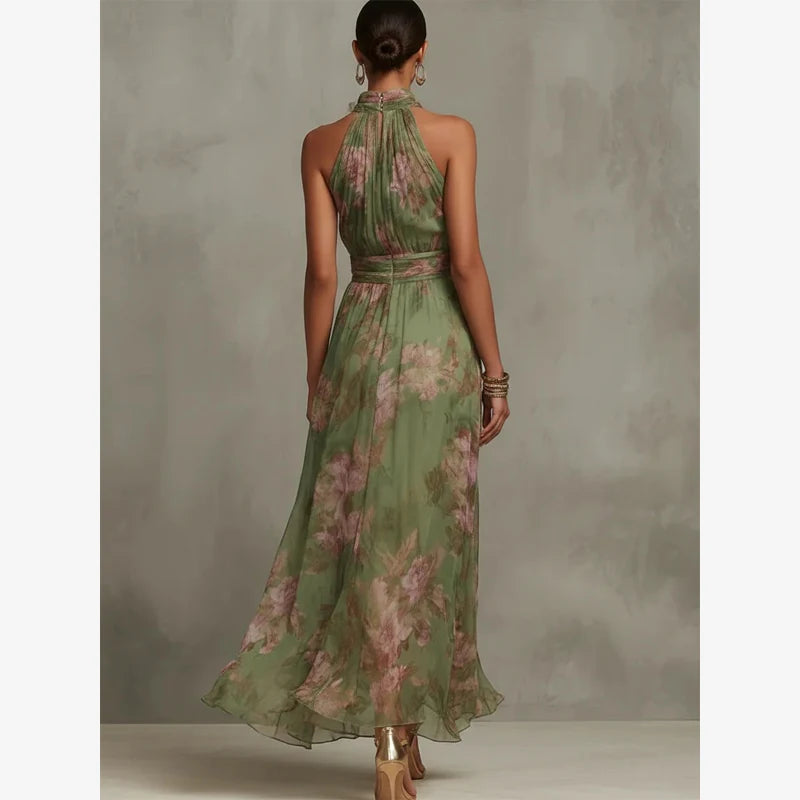 Women Solid Halter Neck Ruffle Long Dress Elegant Sleeveless Chiffon Tiered Waist Cinching Maxi Dresses 2026 New Street Vestidos