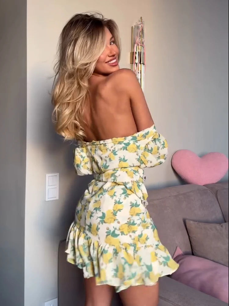 Chic Ruffle Print Slim Fit Dress Women Chic Flared sleeves V-neck Pleated Short Dresses 2026 Lady Summer Casual Daily Vestidos