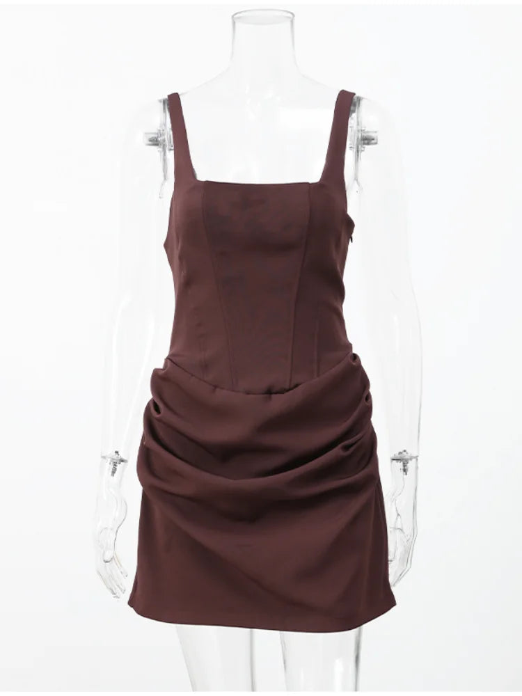 Sexy Square-neck Halter Mini Dress Women Pleated Sleeveless Backless High Waist Bodycon Dresses 2026 New Summer Lady Party Robe