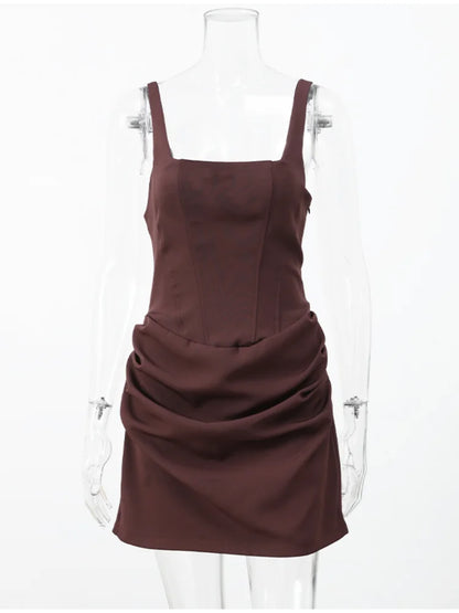 Sexy Square-neck Halter Mini Dress Women Pleated Sleeveless Backless High Waist Bodycon Dresses 2026 New Summer Lady Party Robe